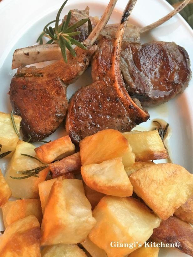 Roasted potatoes with lamb chops