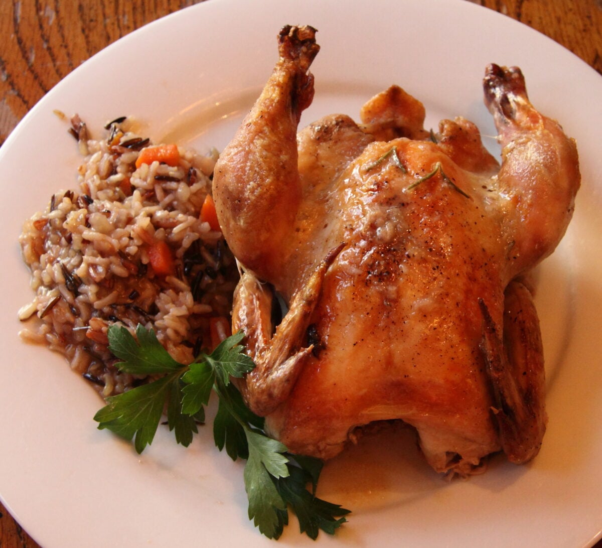 Cornish hen served with wild rice on a white plate. 