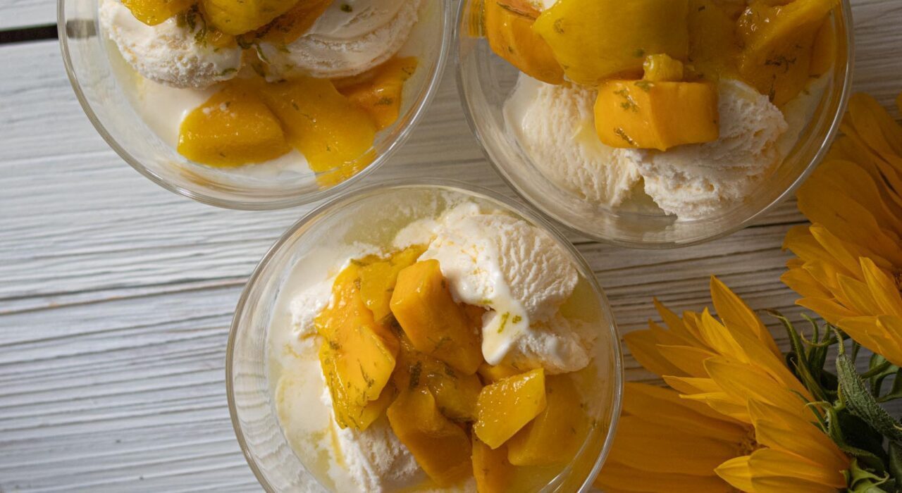 mangoes with rum and vanilla ice cream