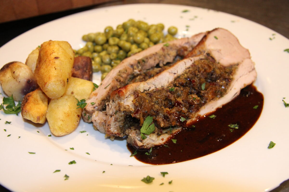 Stuffed pork tenderloin with Marsala-Port wine.