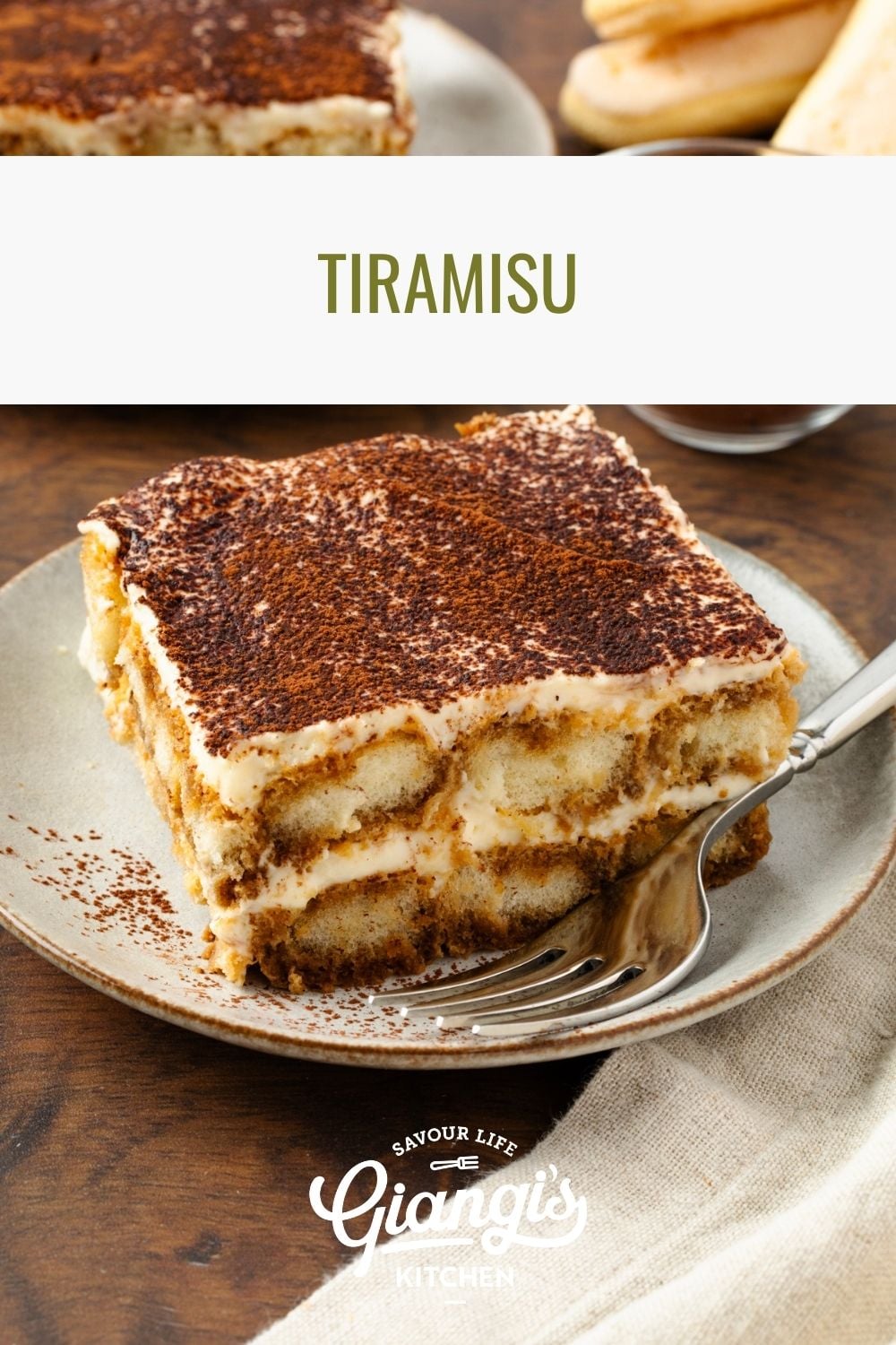 Slice of tiramisu served on a dessert plate.