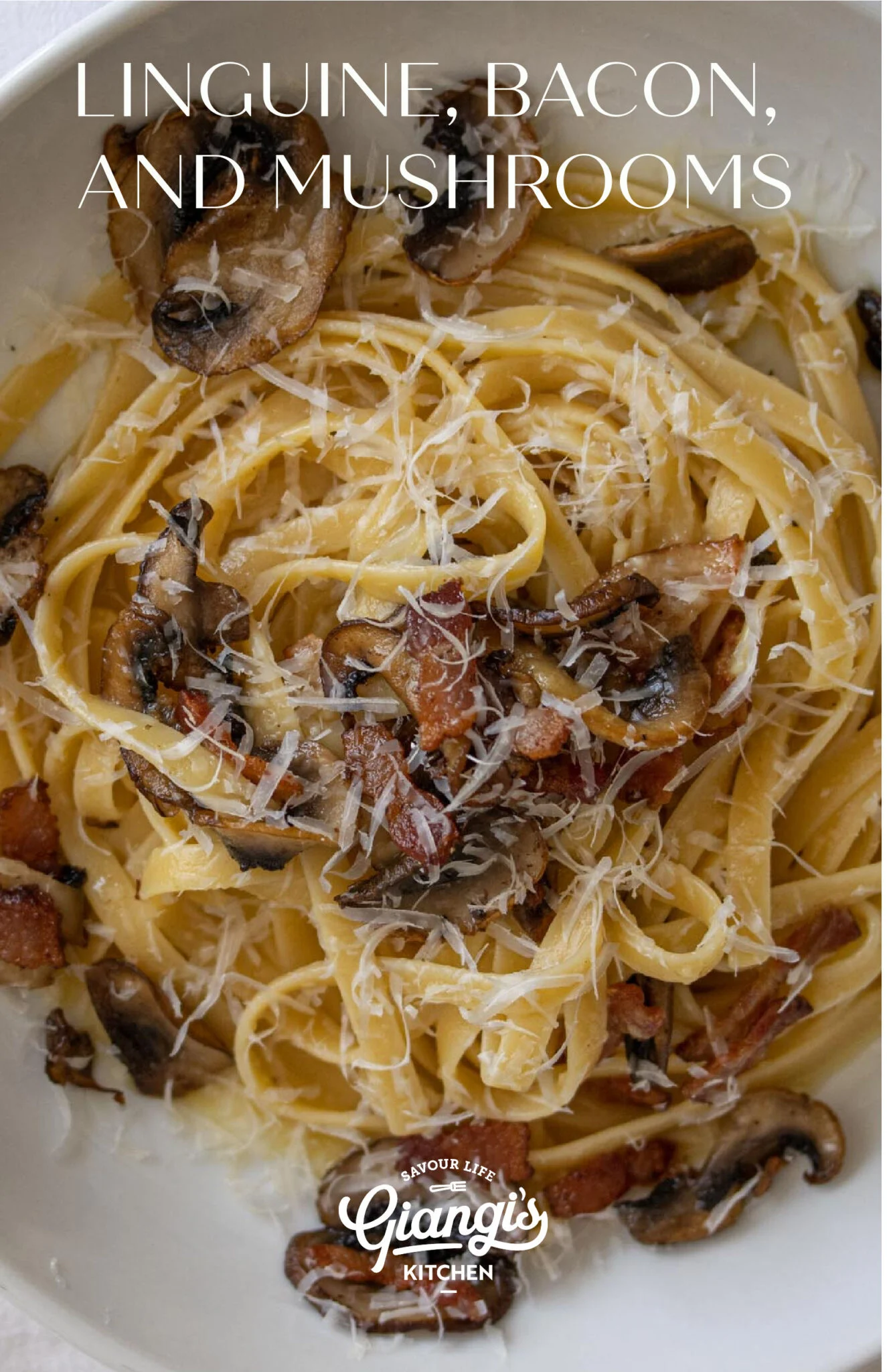 Linguine alla carbonara with mushrooms served in a pasta dish.