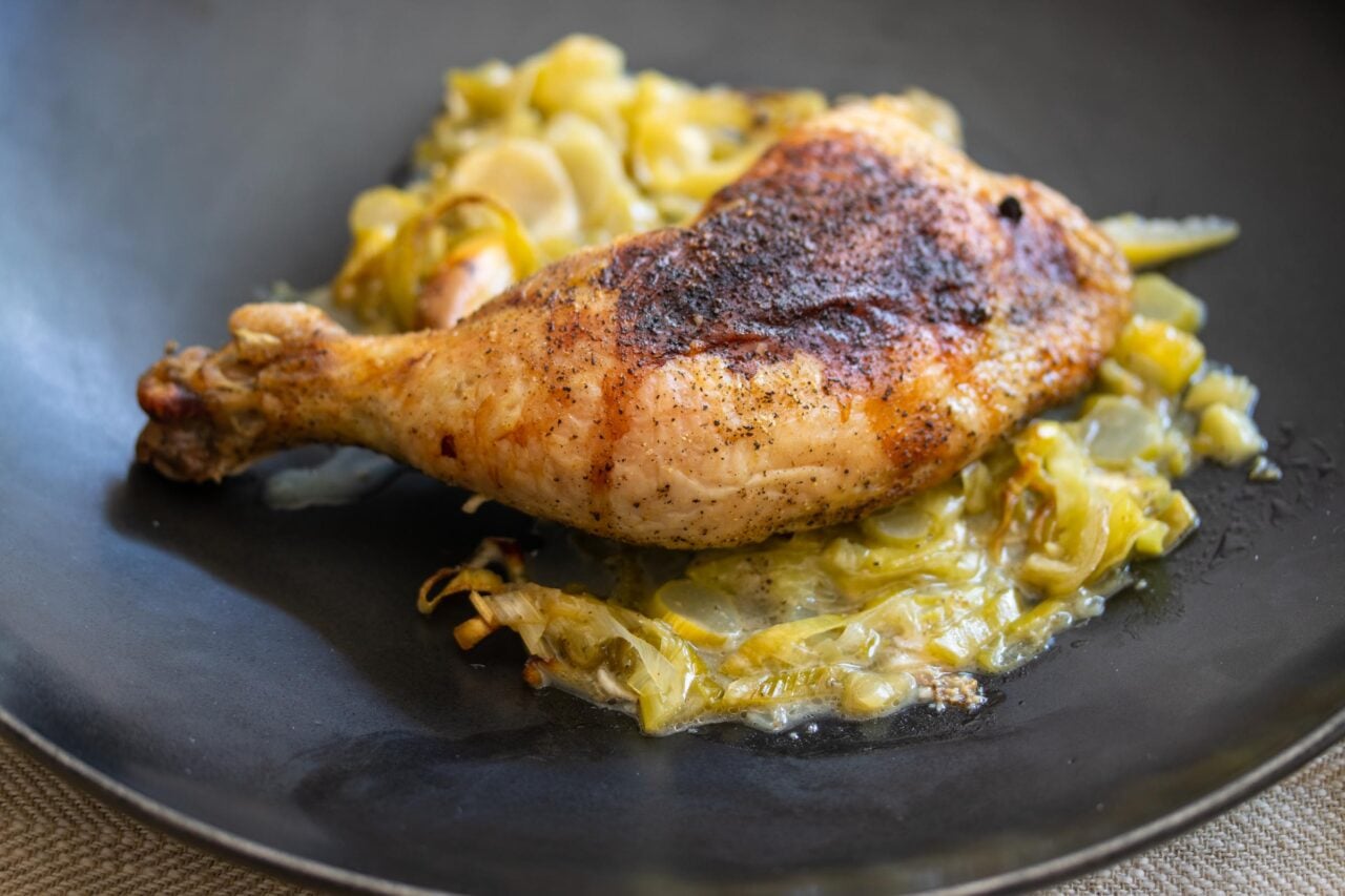 The finished recipe served on a black plate. 