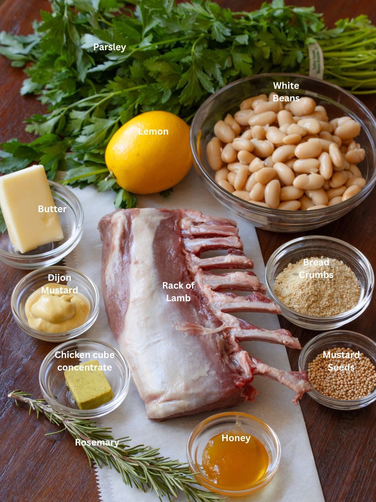 Ingredients needed to make this herb-crusted rack of lamb with white bean rosemary ragout.