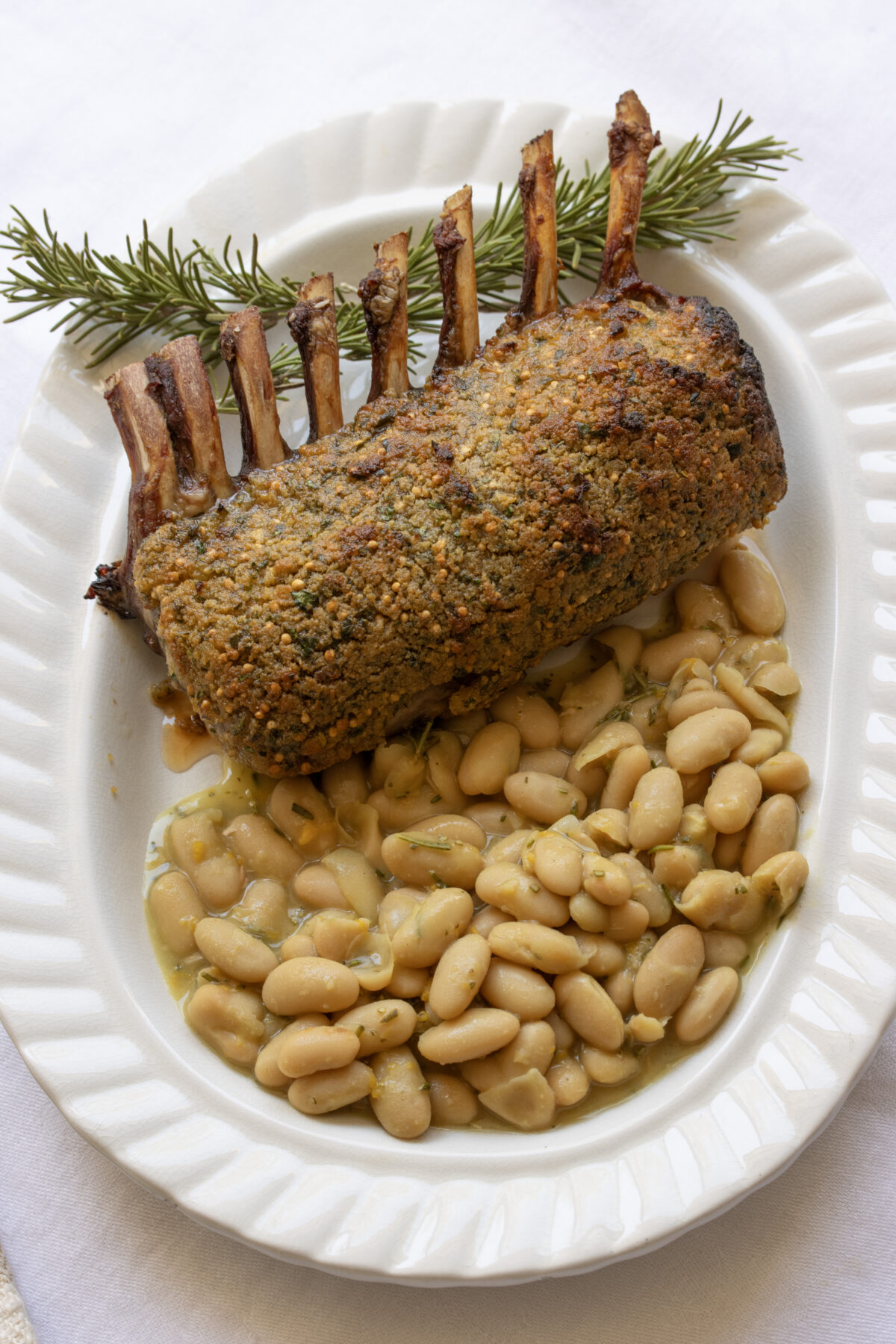 Herb-crusted rack of lamb with white bean rosemary ragout served on a white oval scalloped serving plate.