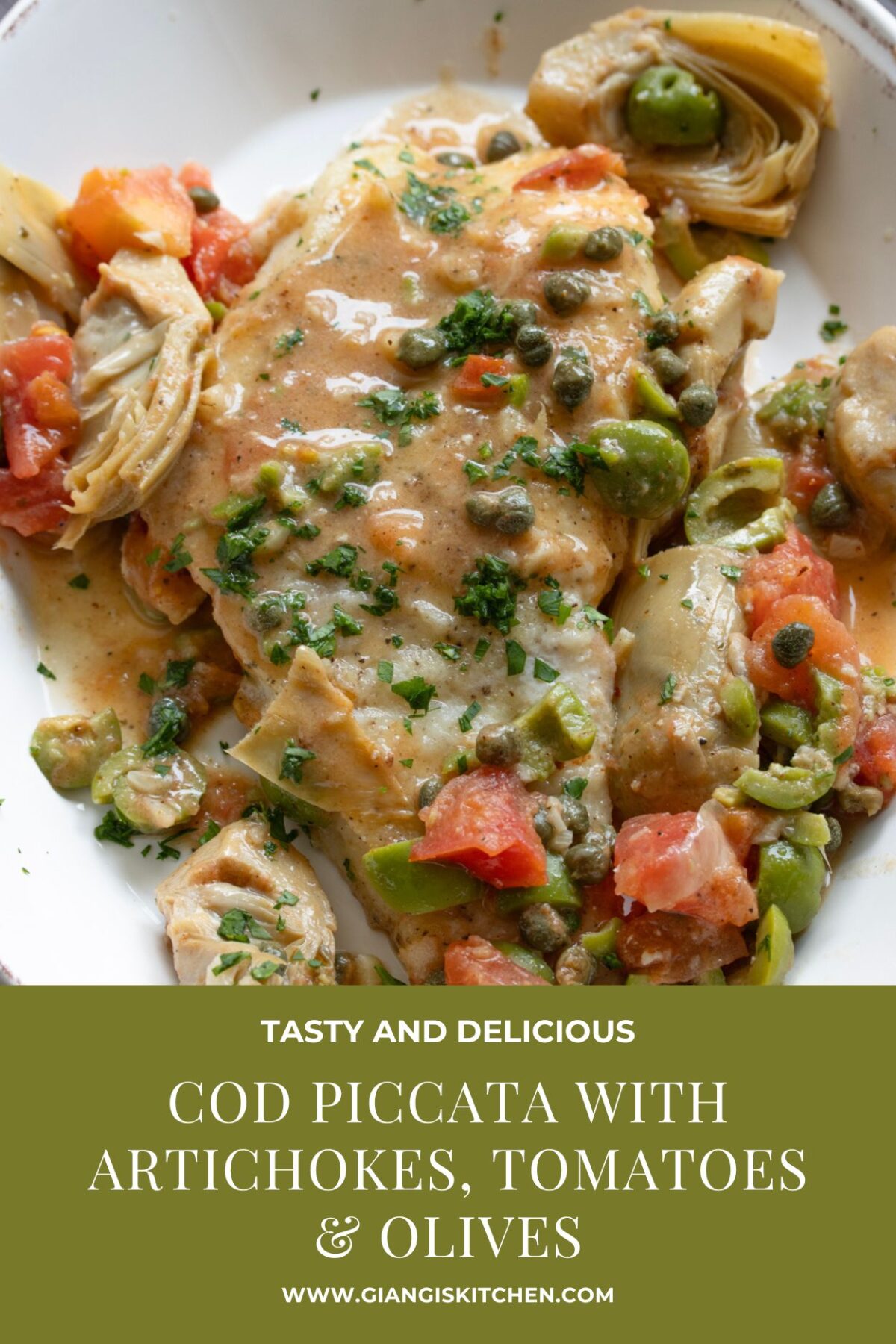 This easy cod piccata with artichokes, tomatoes, and green olives is ready in 20 minutes. Tender fish in a buttery lemon sauce. Perfect for dinner.