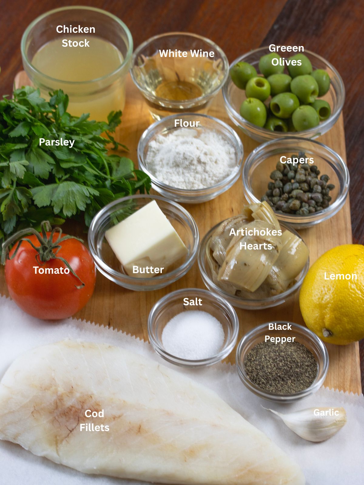 Ingredients needed to make this cod piccata. 