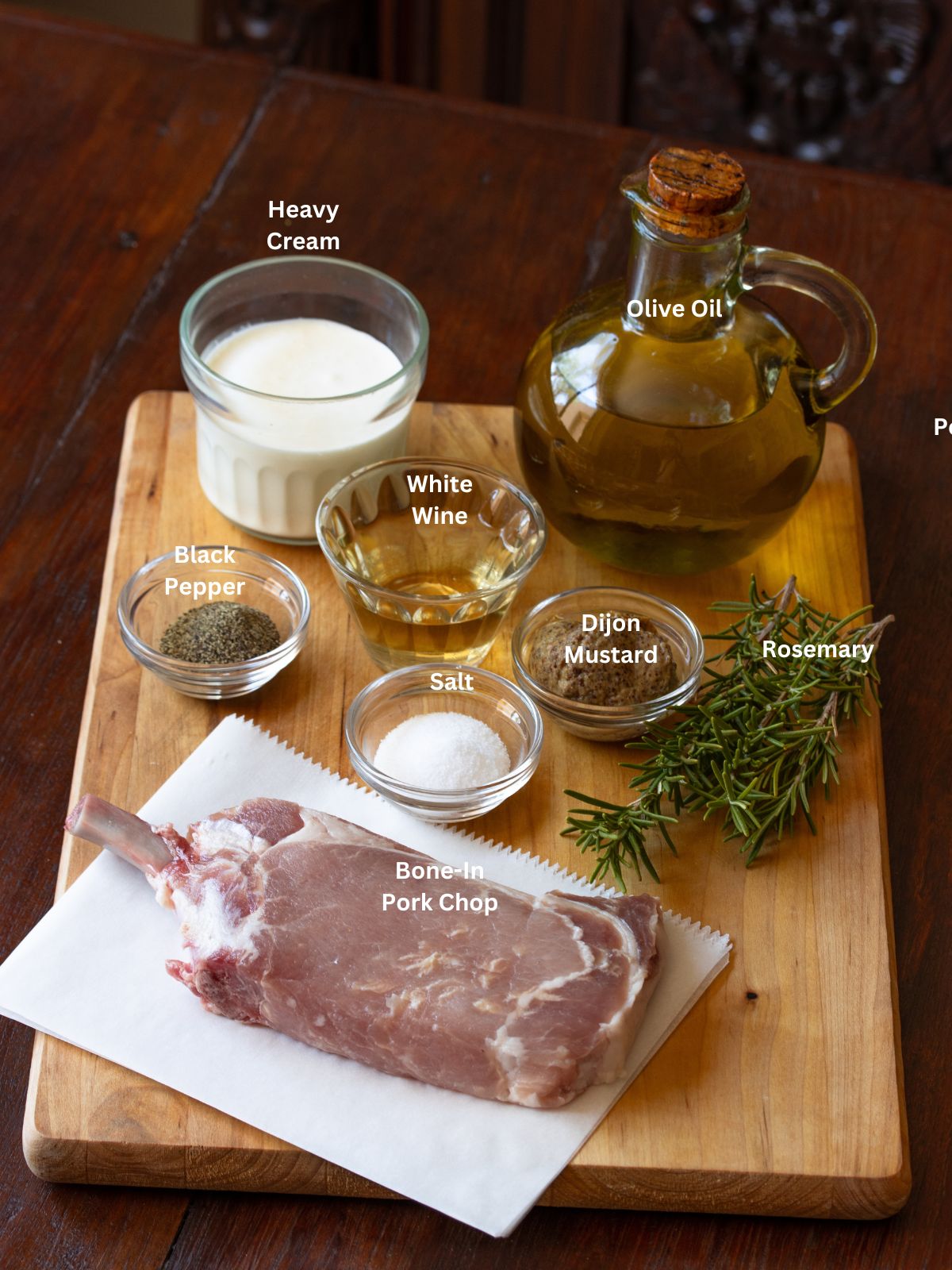 Ingredients needed to create this bone in pork chops with mustard sauce.