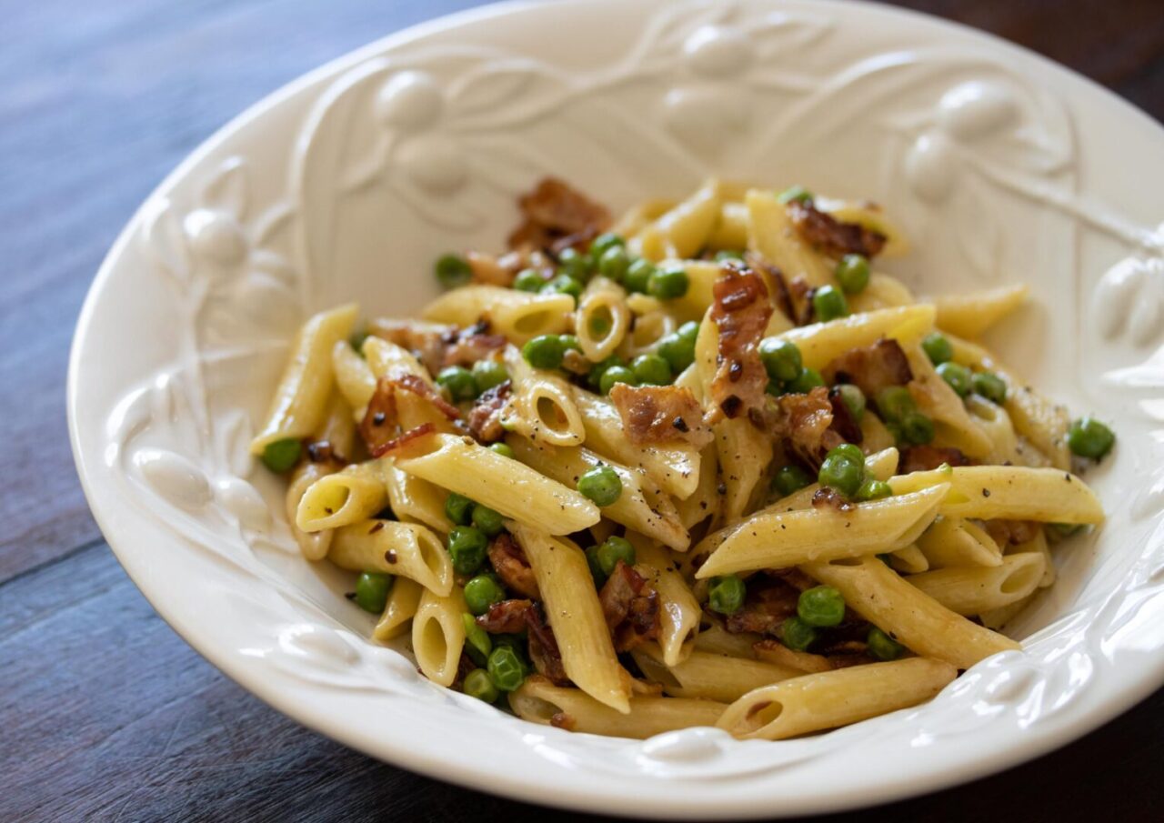 Penne pasta, peas, and bacon