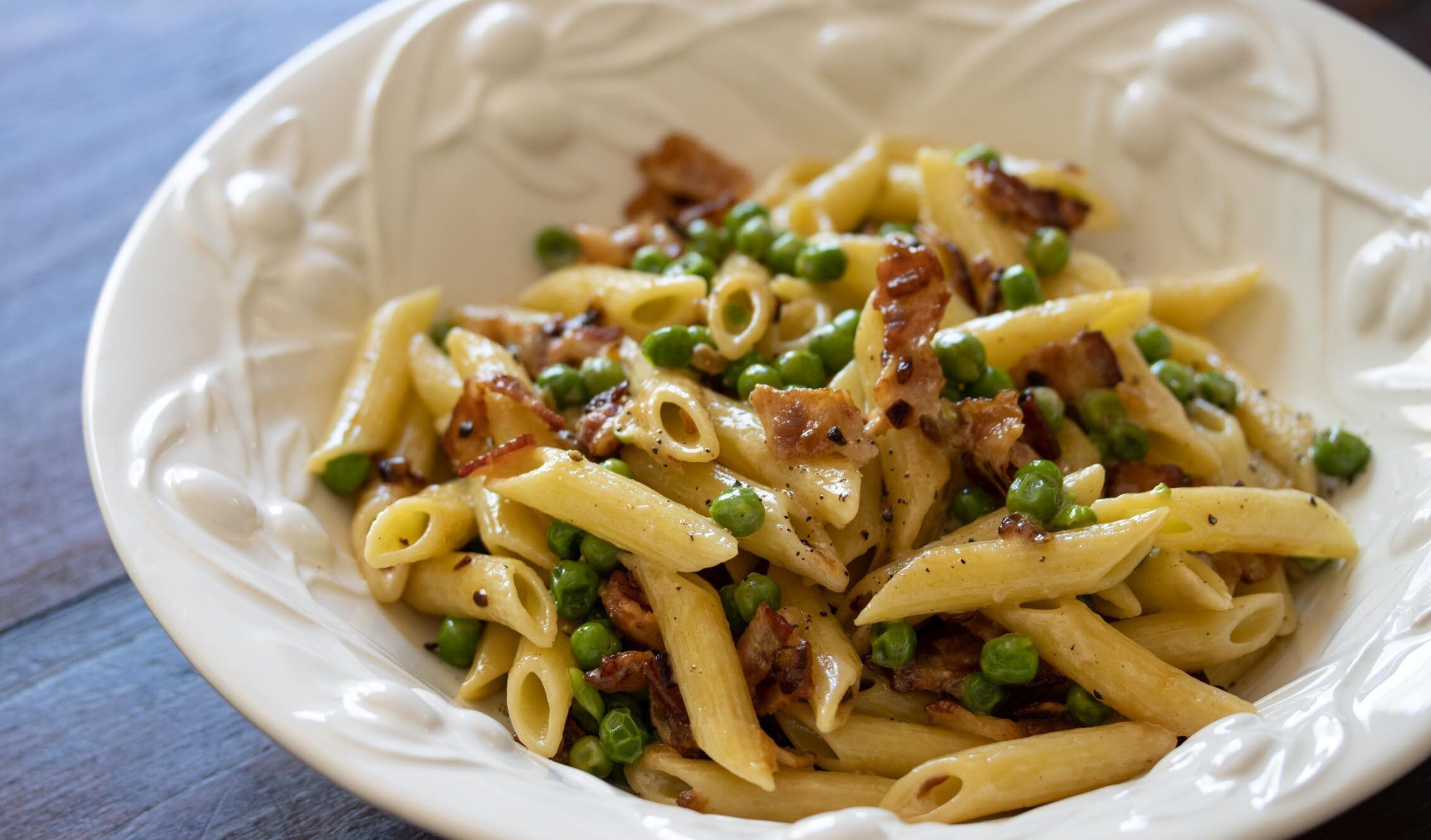 Penne Pasta, Peas and Bacon Giangi's Kitchen