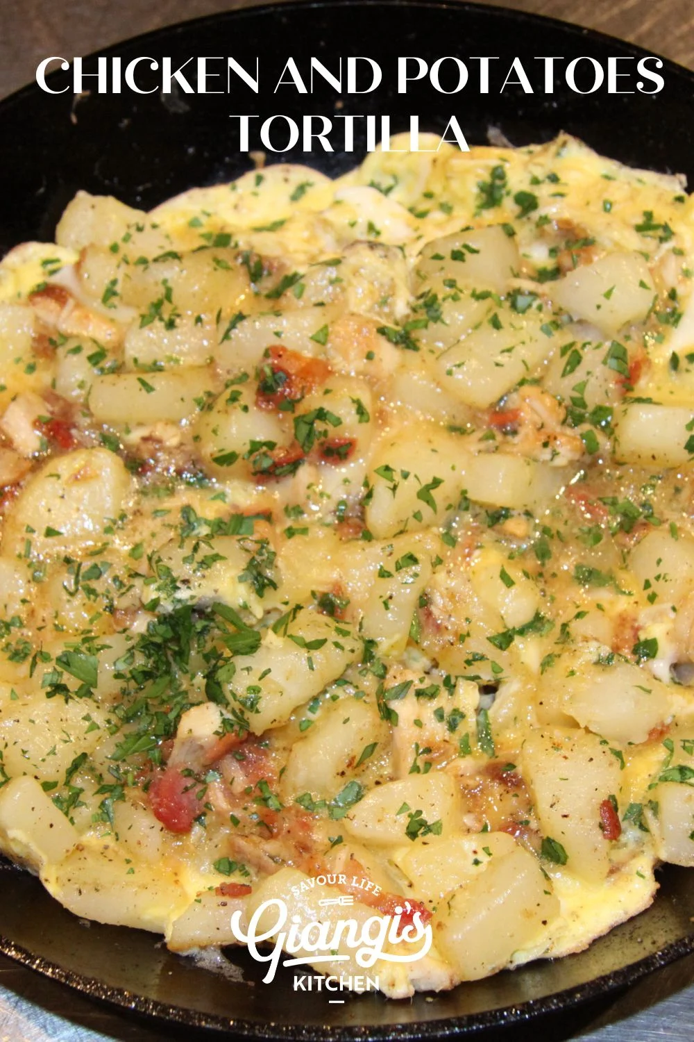 chicken and potatoes tortilla in the cooking skillet