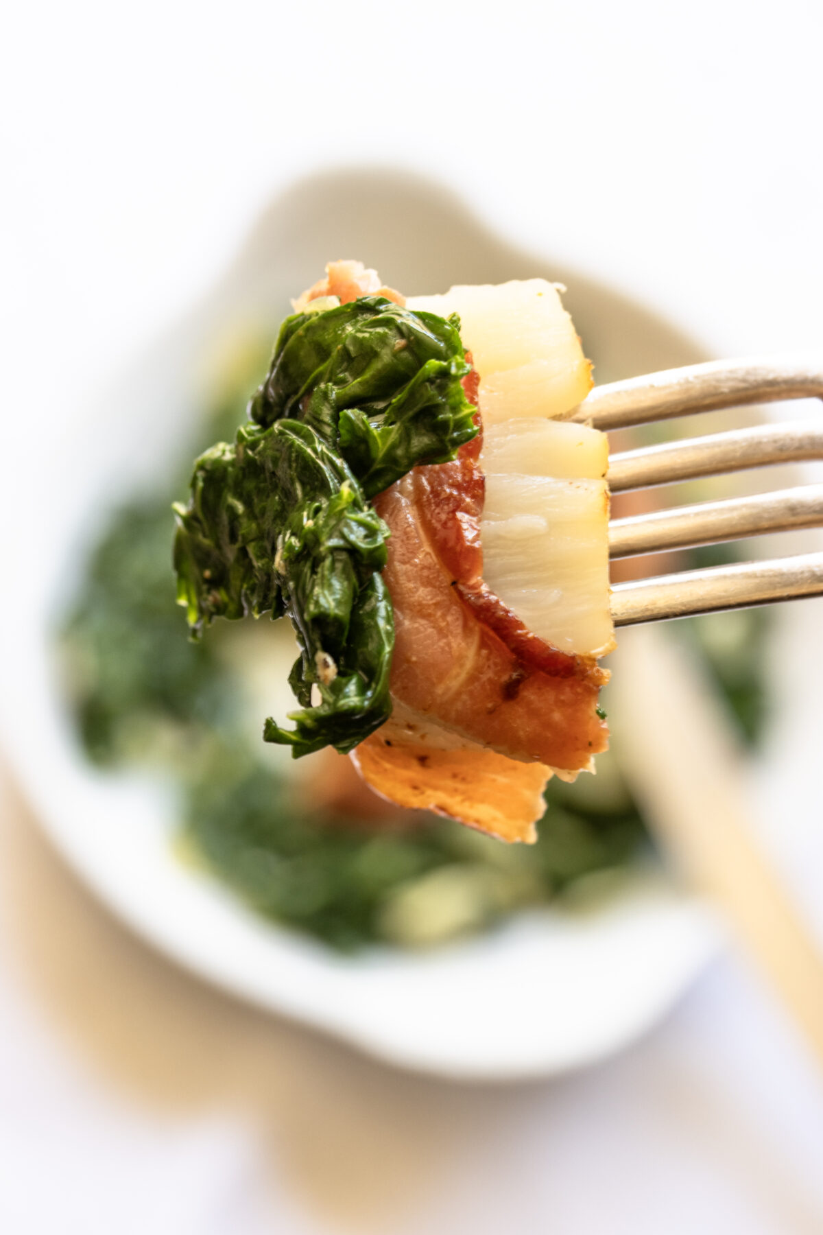 A close up of a fork with chard, bacon and scallop.