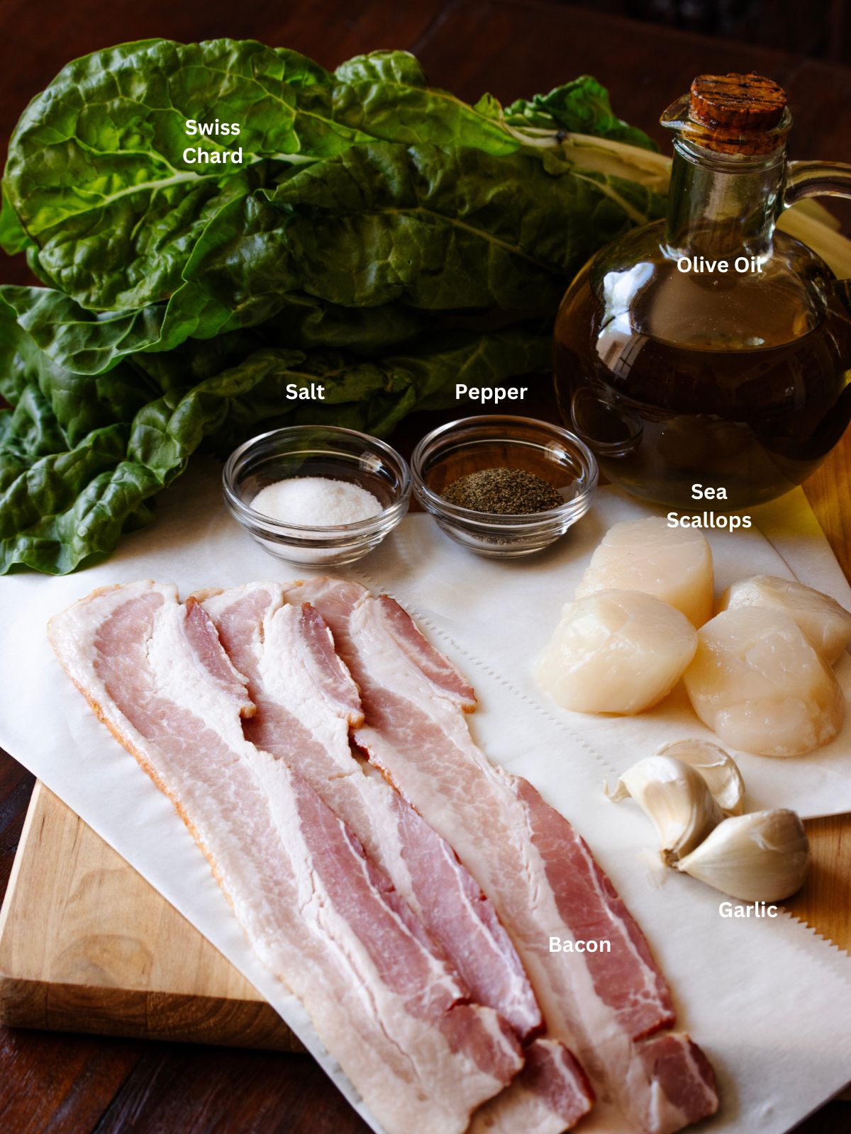 Ingredients needed to make Bacon Wrapped Scallops with Swiss Chard