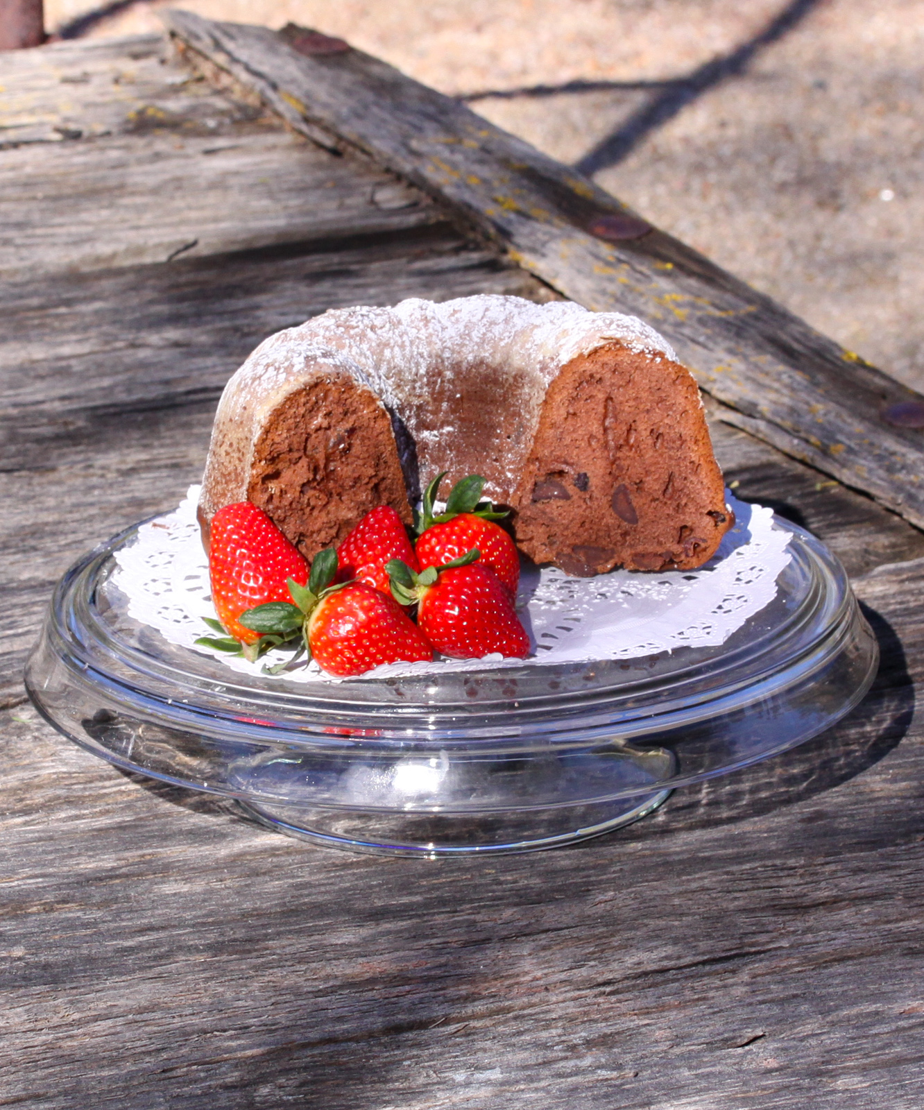 Chocolate pound cake on a serving stand