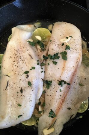 Dover Sole with Caramelized Onions in a skillet