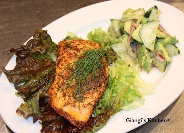 salmon with avocado and cucumber salad