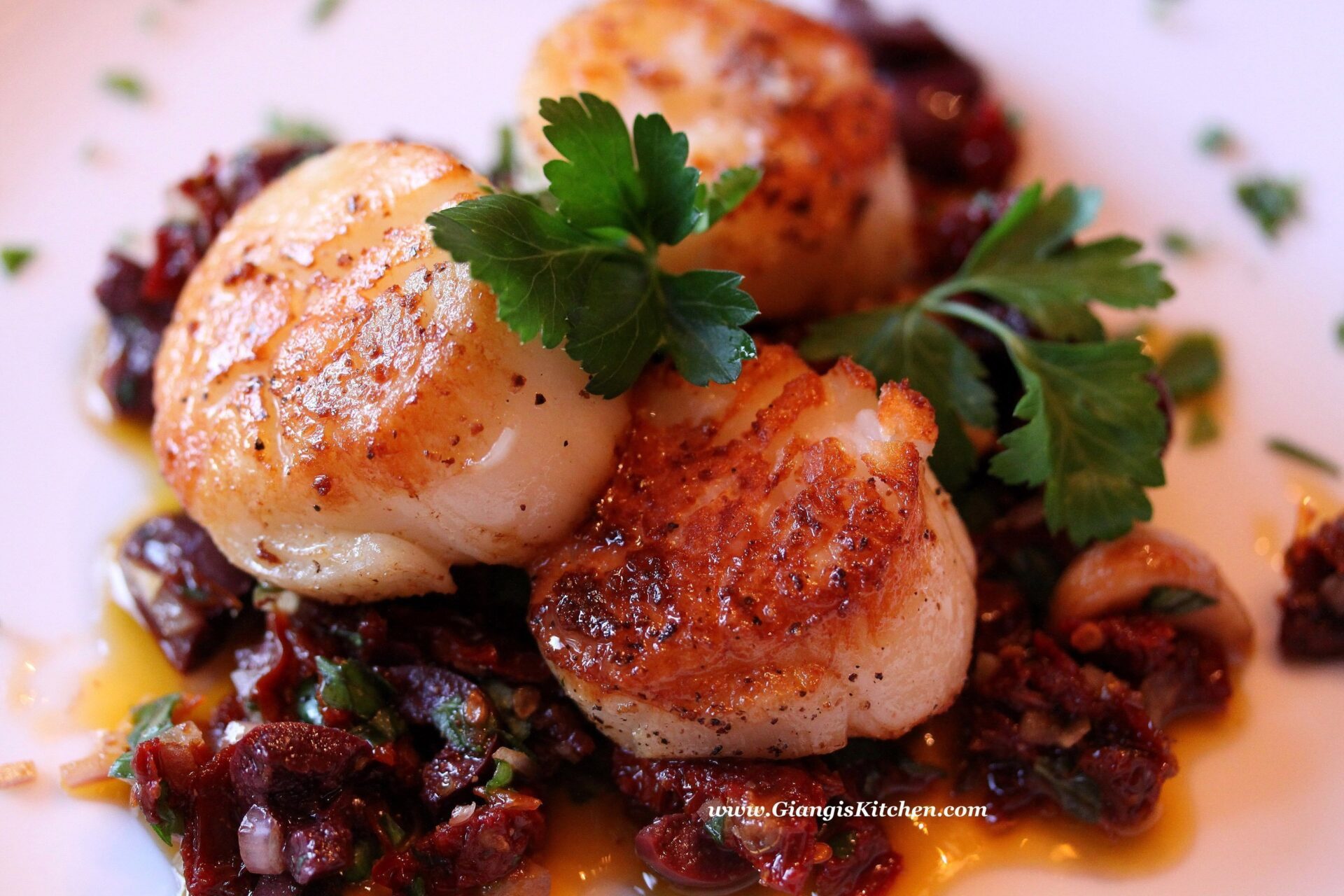 Seared Sea Scallops with Garlic, Sun Dried Tomatoes and Olive Compote