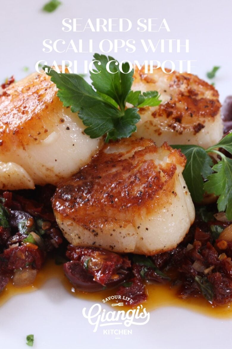 seared sea scallops with garlic compote