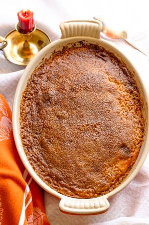 Whipped Sweet Potatoes and Bananas with Honey served in a gratin dish.