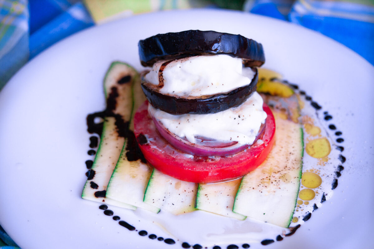 Grilled Vegetable Stack on a white serving plate.