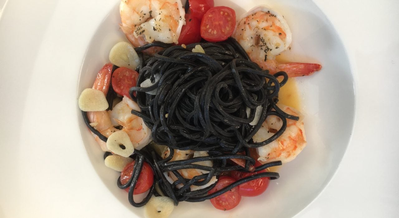 Ink Pasta with Shrimps, Tomatoes and Garlic