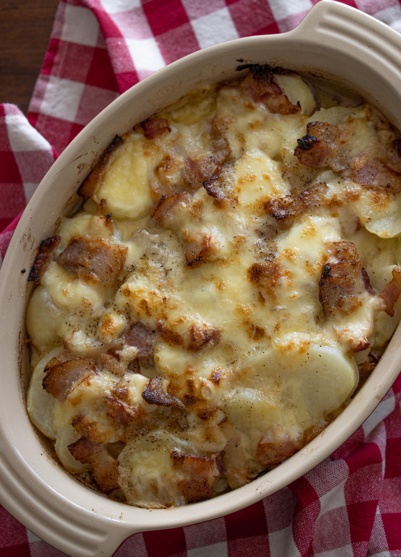 bacon, onion, raclette potato gratin