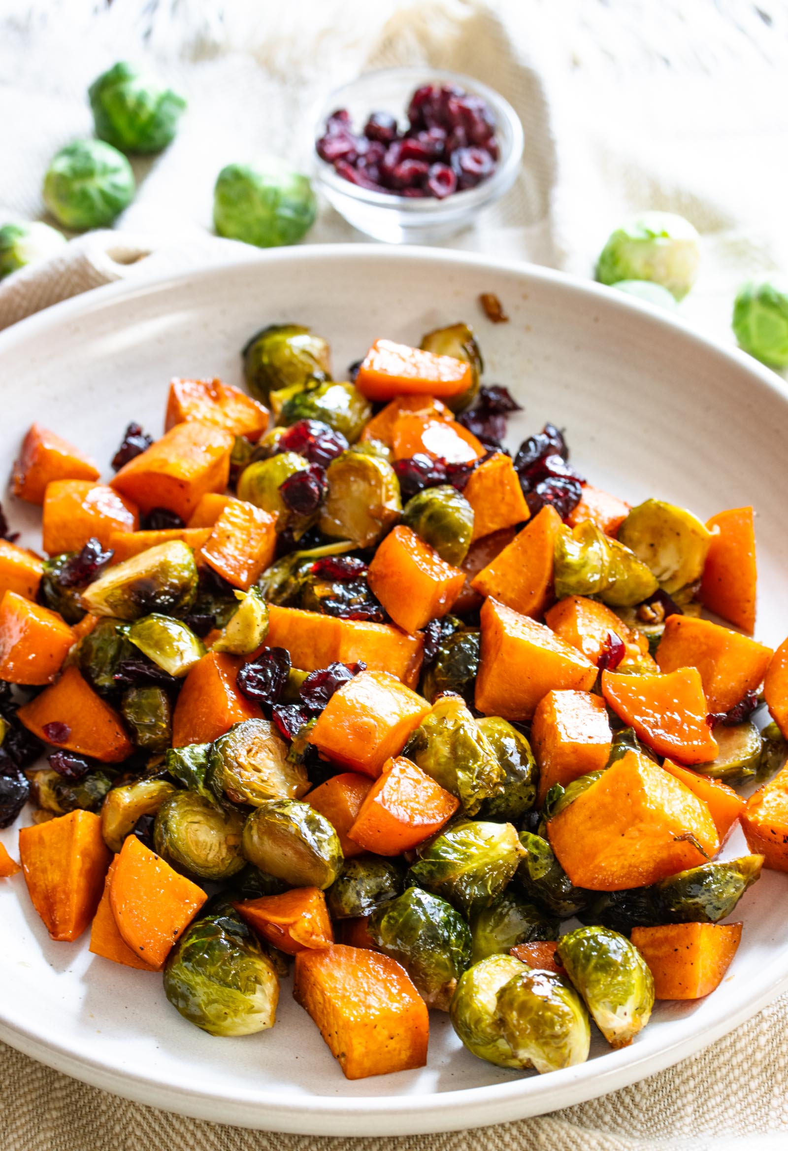 roasted sweet potatoes, brussels sprouts and cranberries