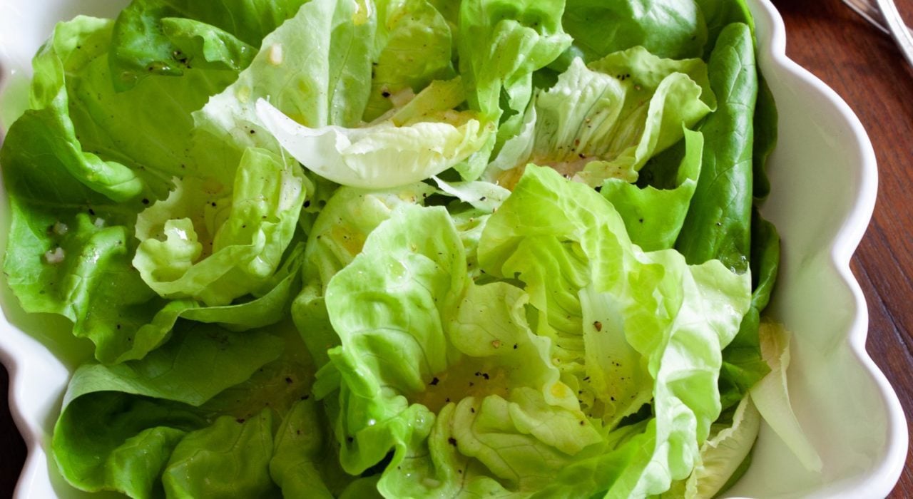 Butter Lettuce With Shallots Vinaigrette The finished butter lettuce salad recipe with shallots vinaigrette.