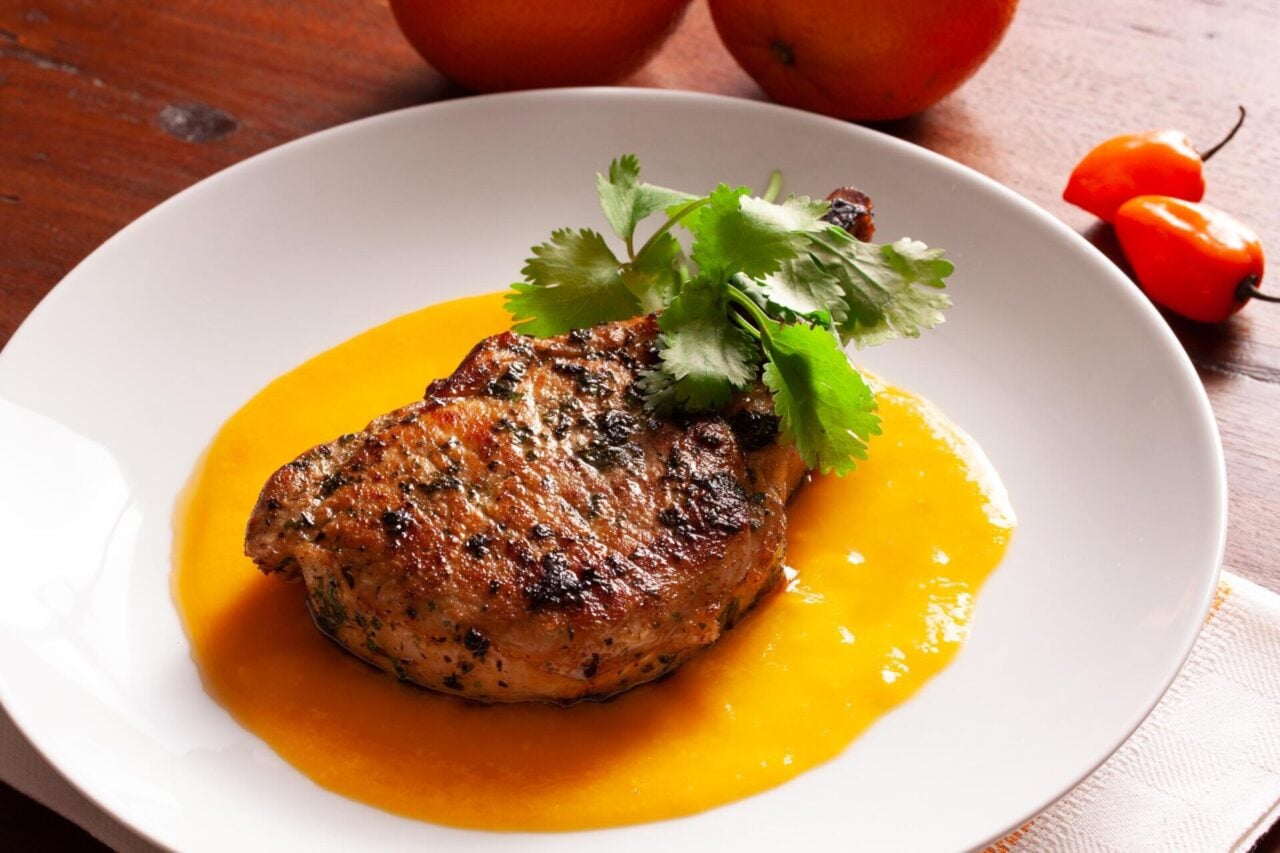Pork chops with mango habanero sauce