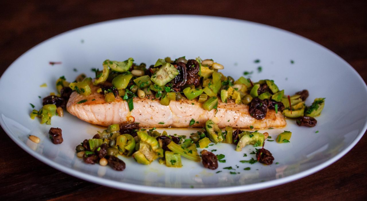 grilled salmon with olives and pine nuts