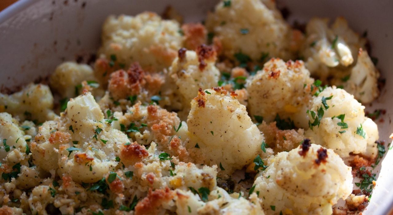 cauliflower polonaise A close up of the finished recipe.