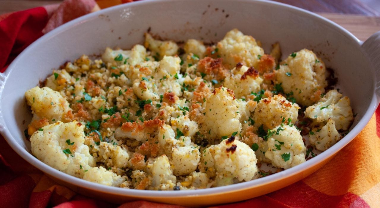 Cauliflower Polonaise Recipe in the serving dish ready to eat.