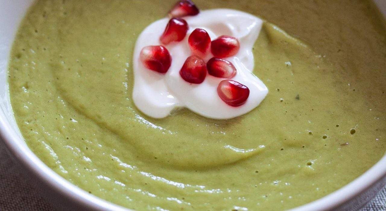 Close up of the served avocado soup