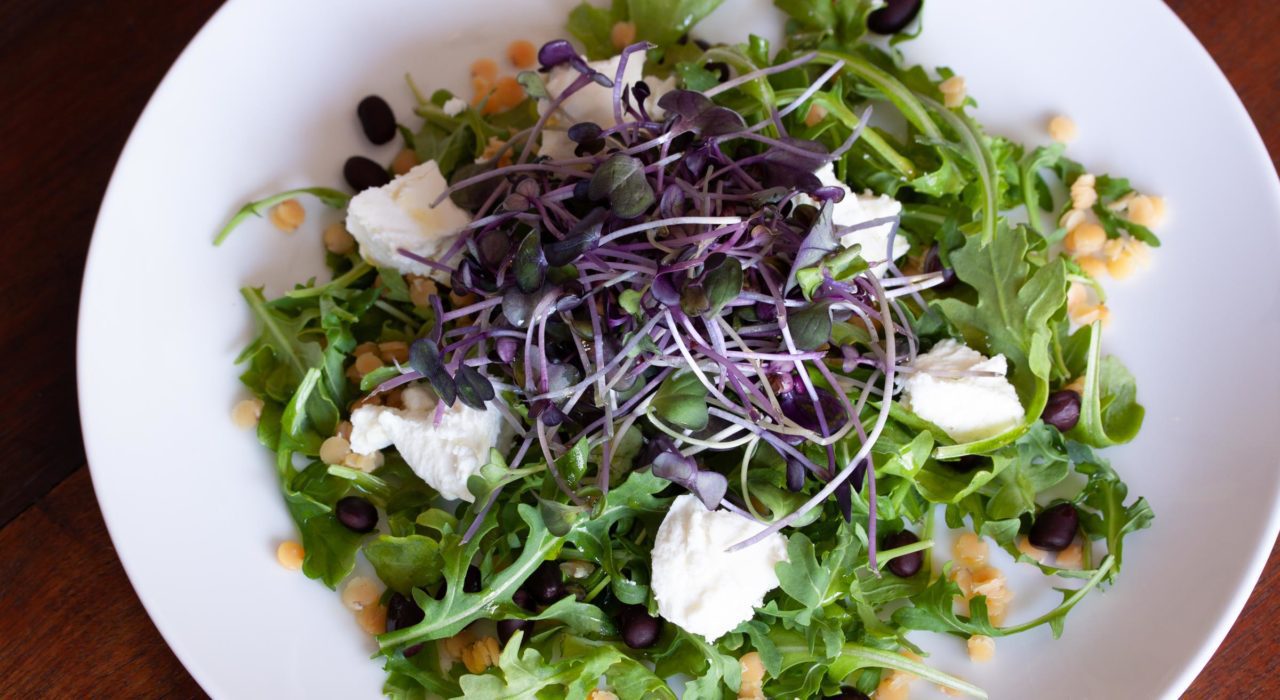 Lentils, Black Beans, Goat Cheese, and Baby Green Salad