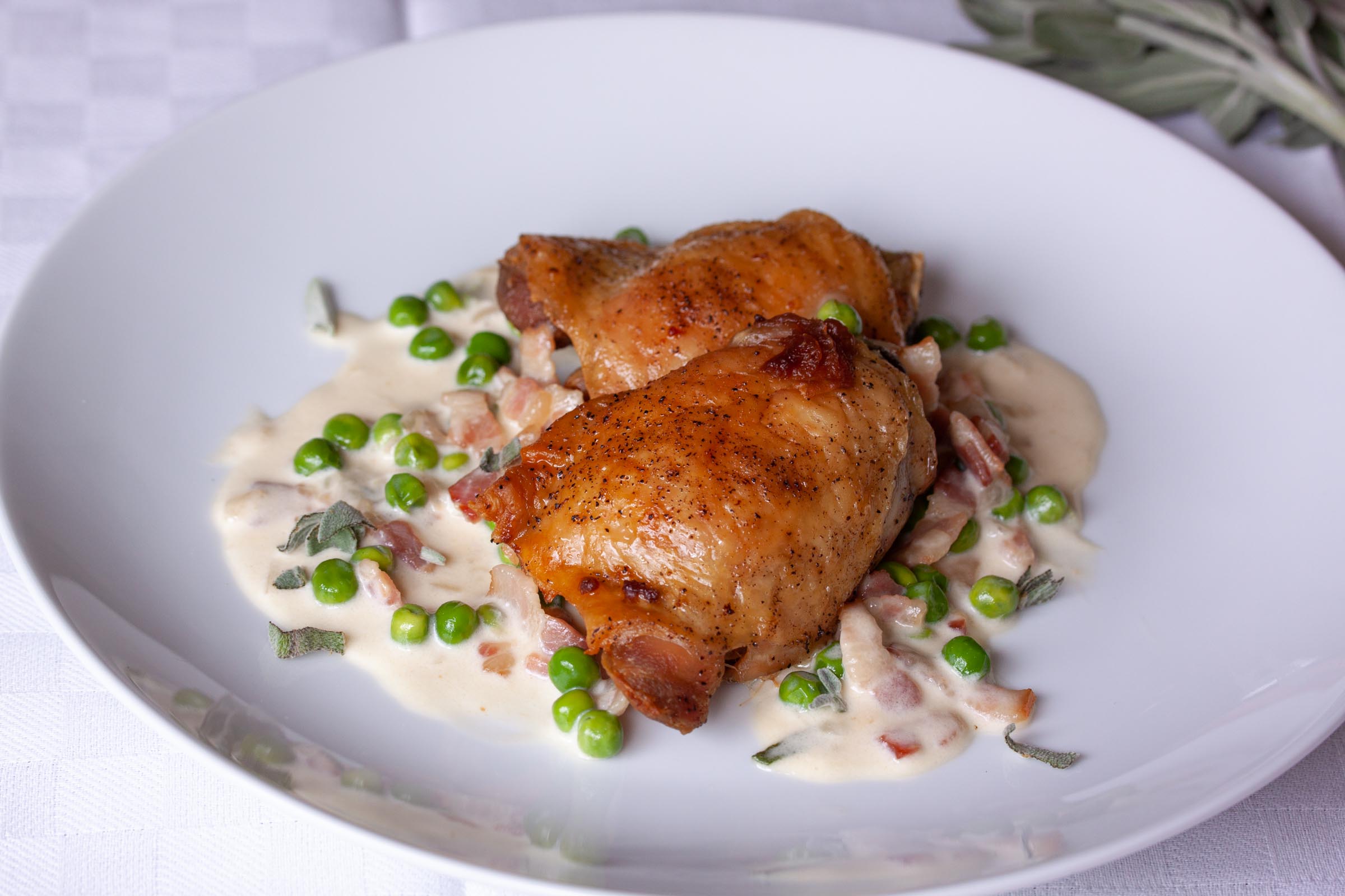 Chicken with Peas, Sage and Bacon