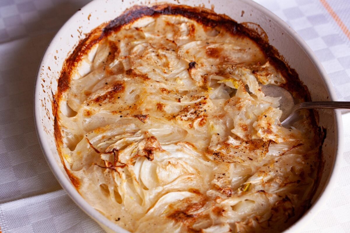 Close up of the fennel gratin with a serving spoon in a gratin ovenproof dish. 