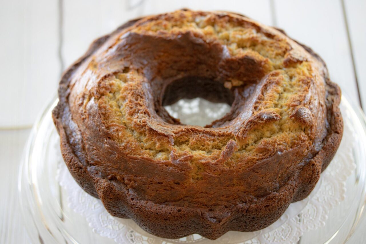 banana cake The cake on a stand with white background.