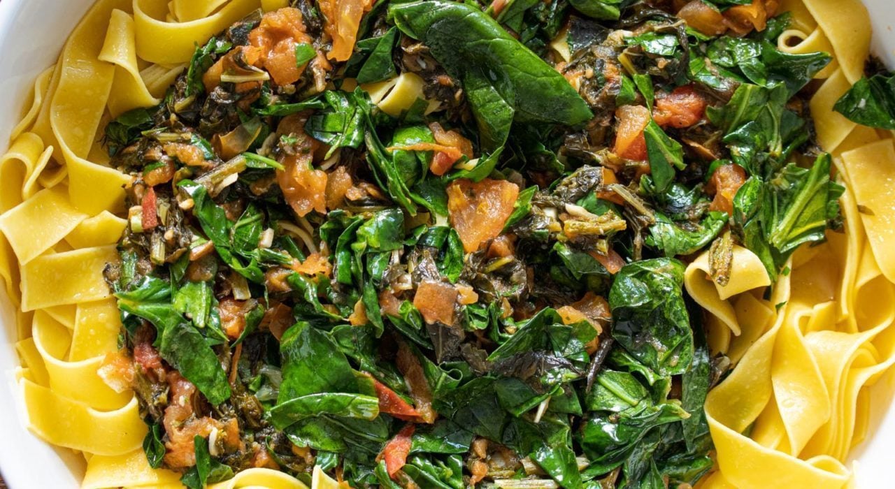 tomato, chard, kale, spinach pappardelle
