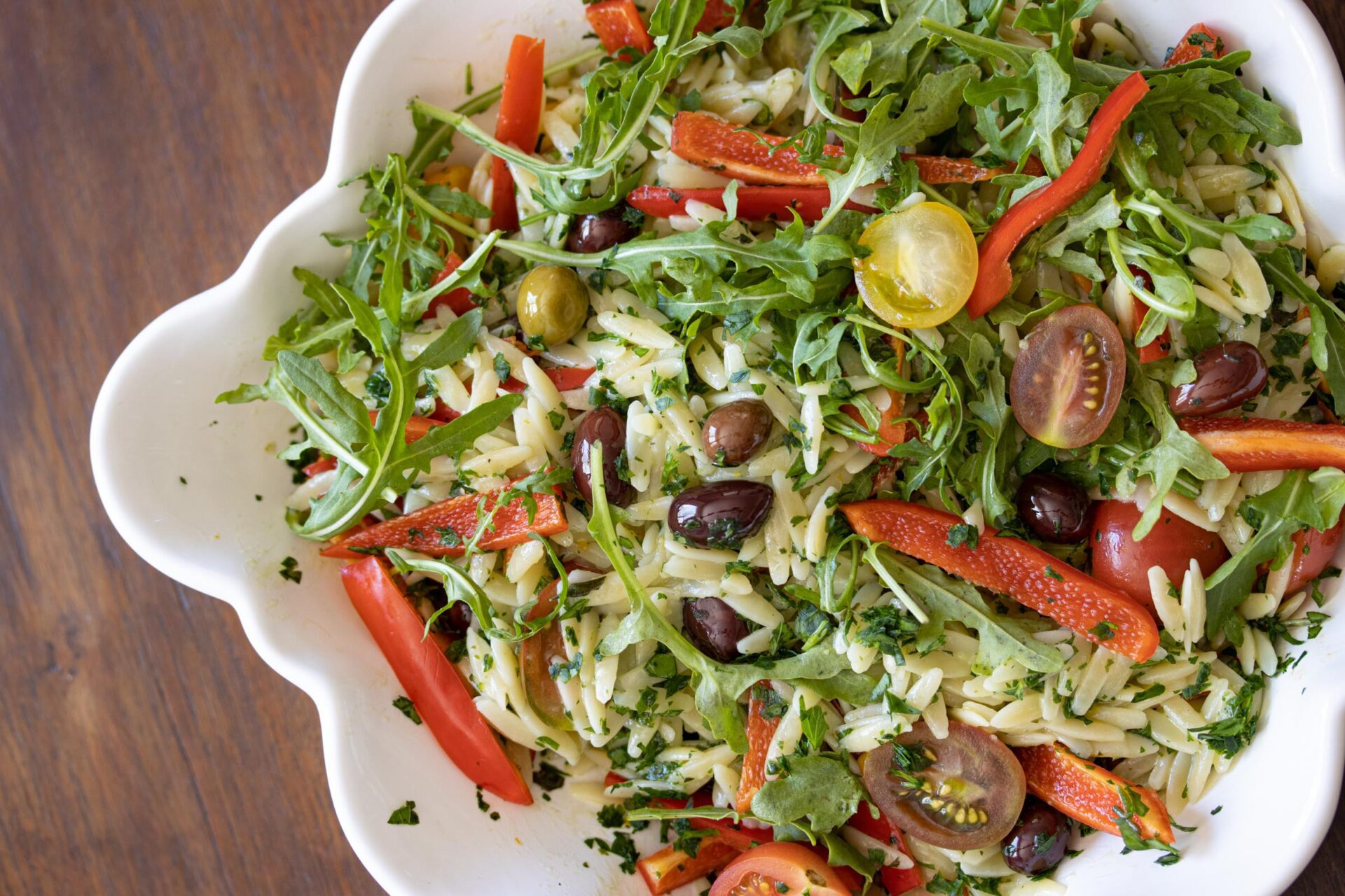 orzo with basil butter, peppers, tomatoes