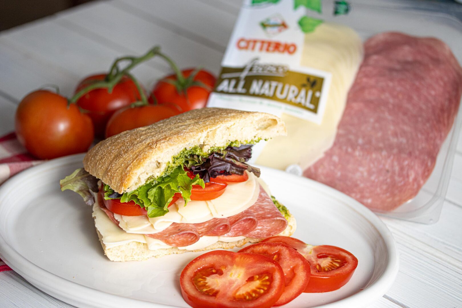 Genoa Salami, Provolone Cheese, Pesto Ciabatta Panini Genoa Salami, Provolone Cheese, Pesto Ciabatta Panini