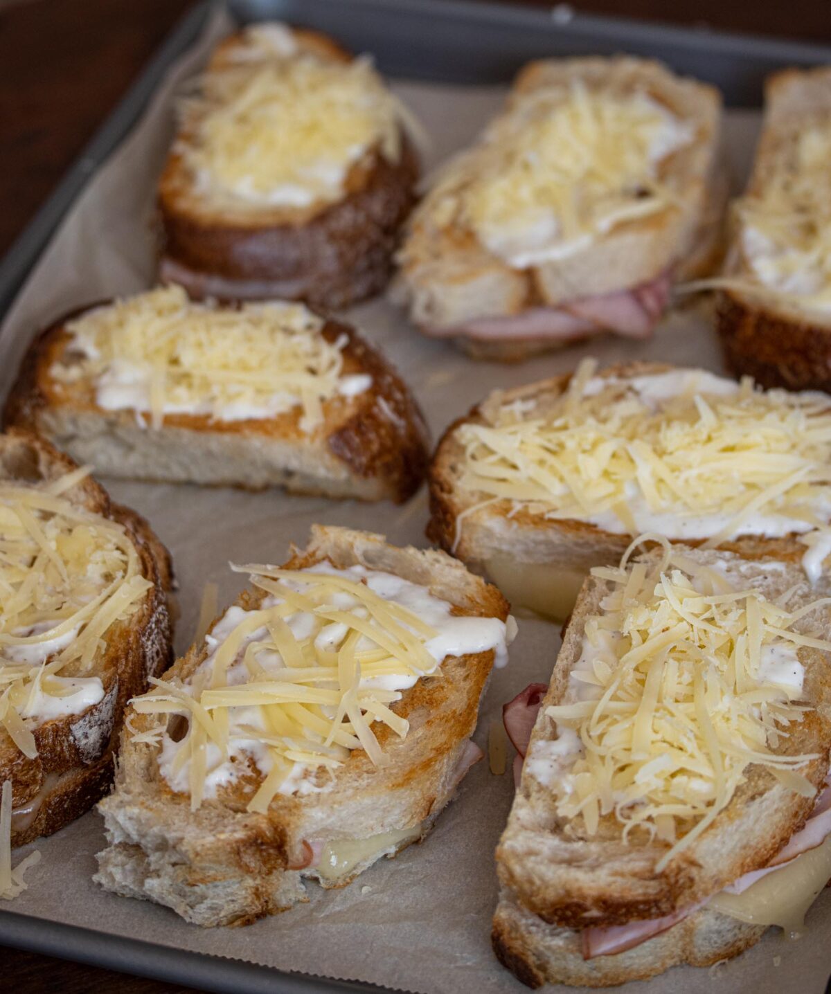 Croque Monsieur ready to go under the broiler to get the cheese to melt.