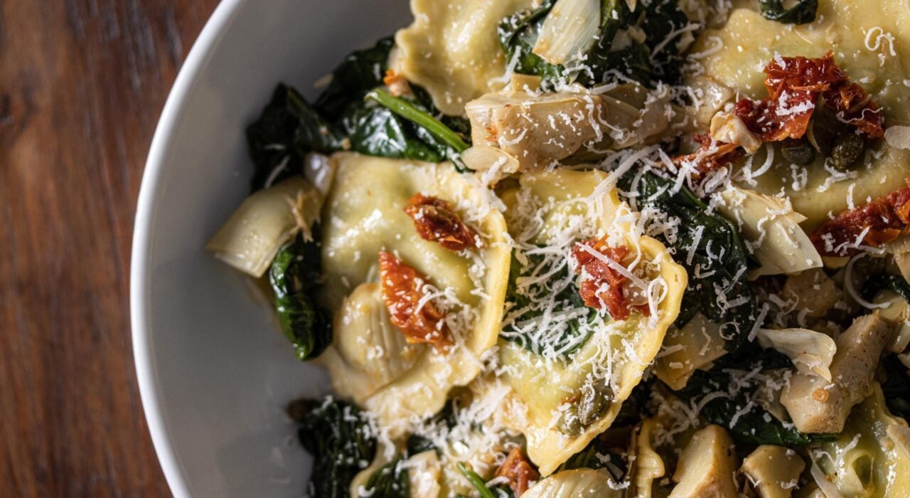 ravioli with asparagus hearts, capers, sun-dried tomatoes, spinach