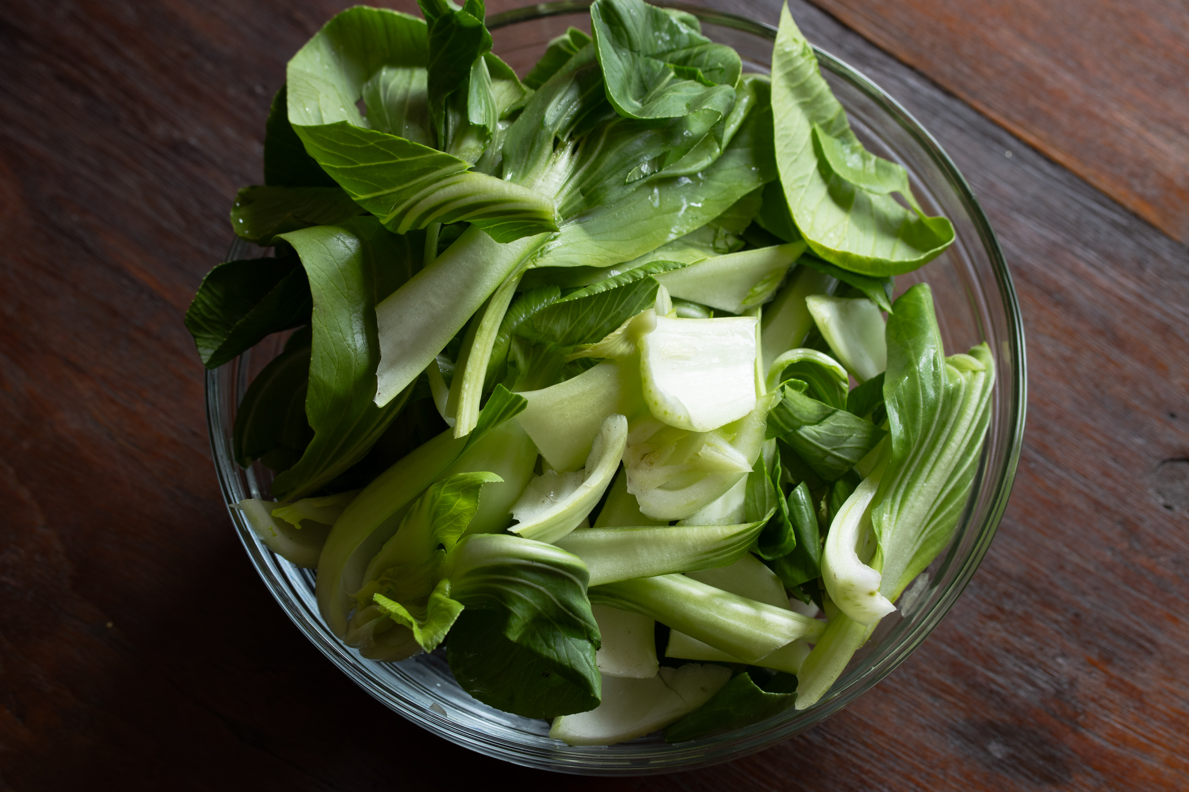 Bok choy cleaned and cut into strips.