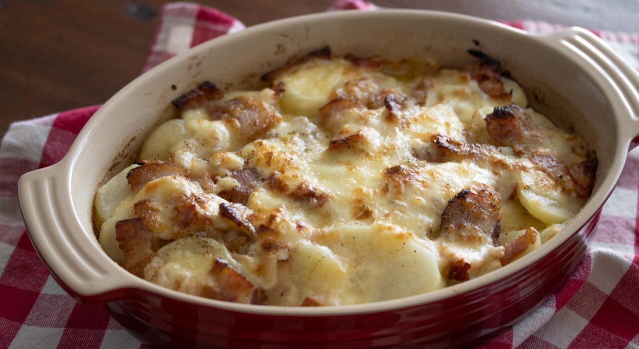 bacon, onions, raclette potato gratin