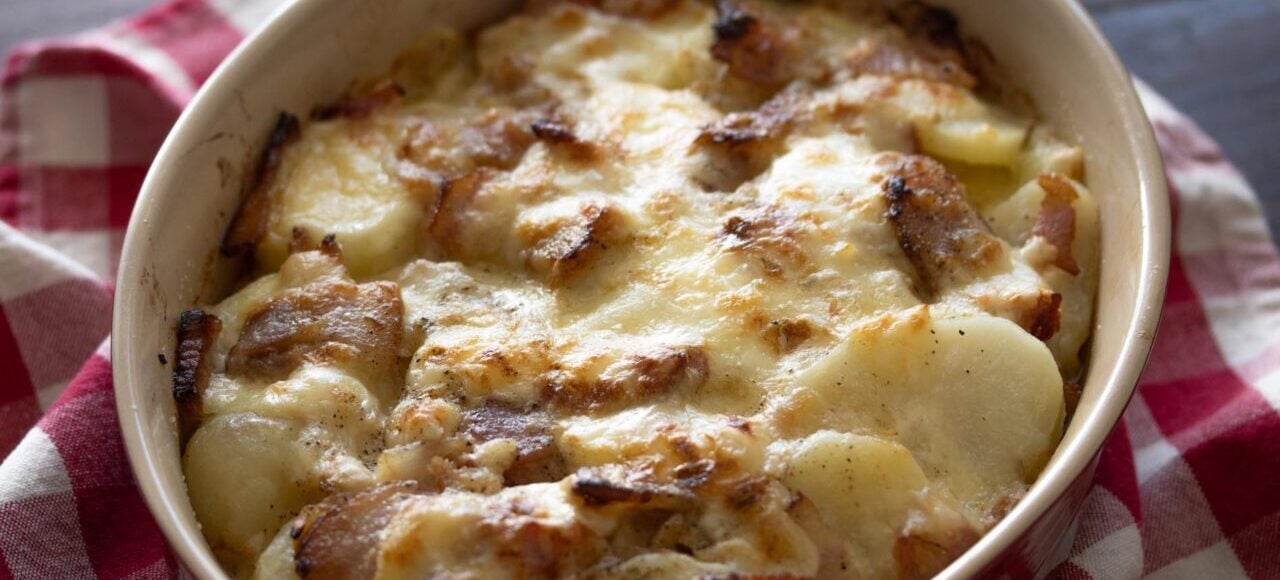 bacon, onions, raclette potato gratin