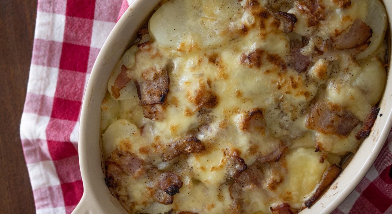 bacon, onions, raclette potato gratin bacon, onions, raclette potato gratin