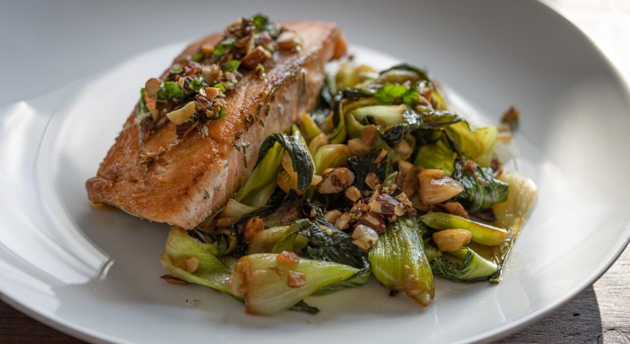 Salmon with steamed bok choy and almond