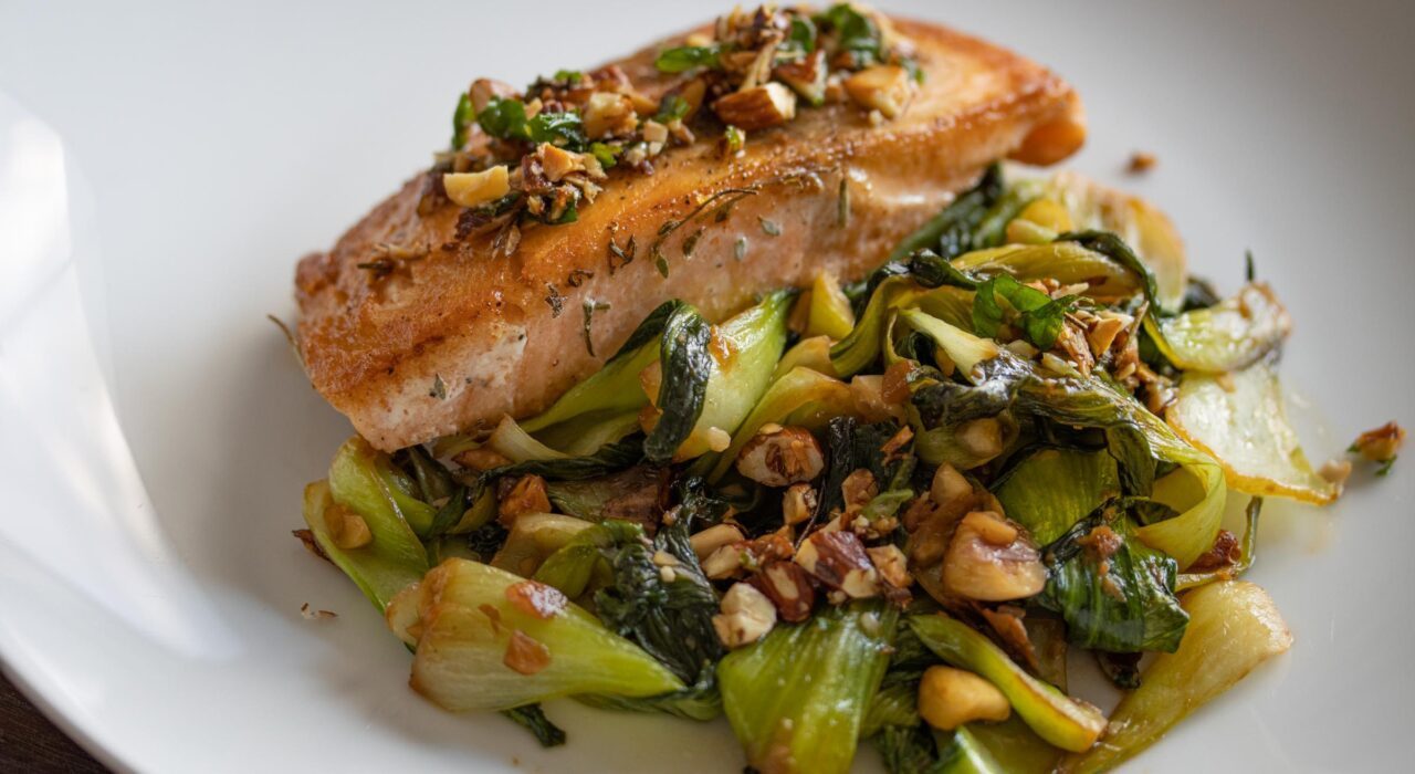 Salmon with steamed bok choy and almond
