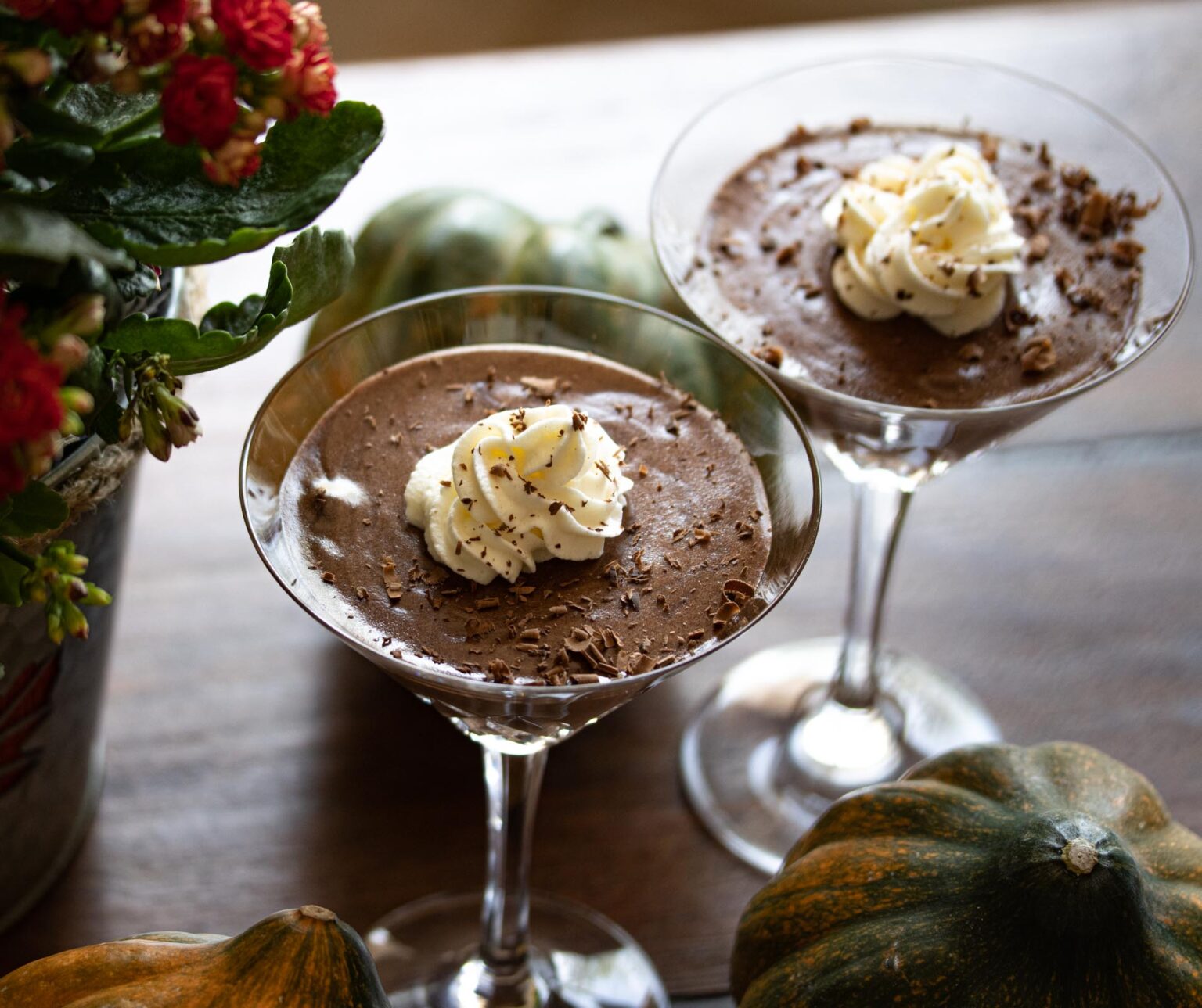 Dulce de leche chocolate mousse served into crystal glasses. 