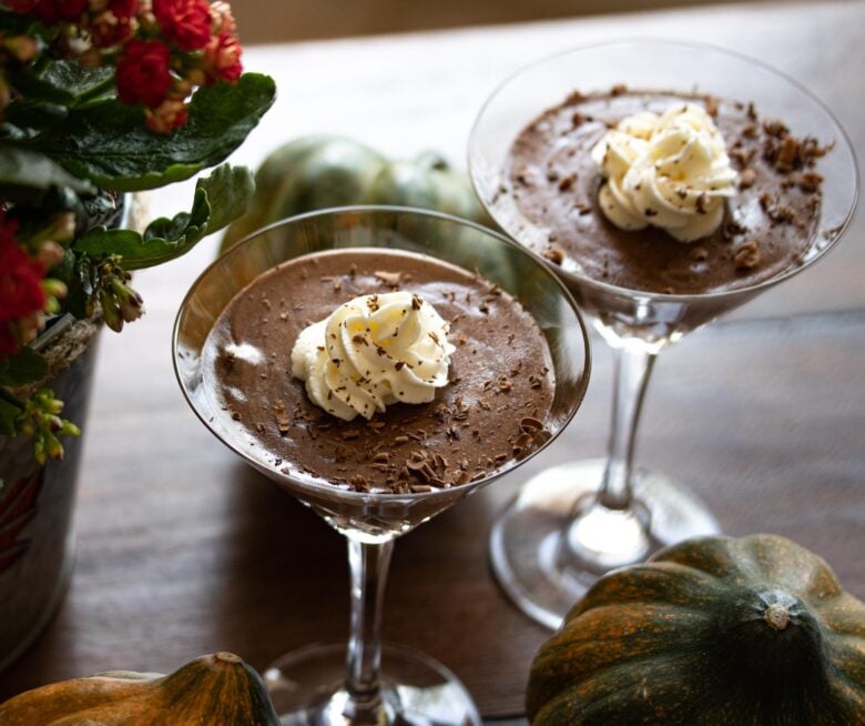 Dulce de leche chocolate mousse served into crystal glasses.